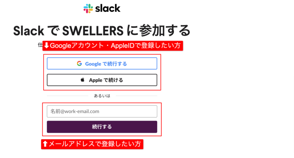 Slackアカウントの登録方法を選択する。